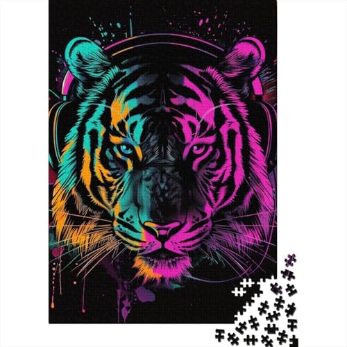 1000-teiliges Puzzle „Tiger mit Kopfhörern“ für Erwachsene, Holzpuzzle, Lernspiel für Erwachsene Teenager, 1000 Teile (38 x 26 cm) von LMYmoney