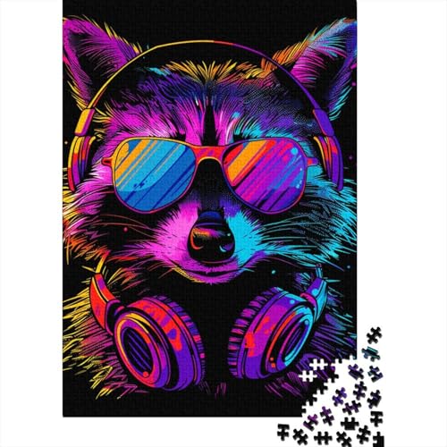 1000-teiliges Puzzle „Waschbär mit Kopfhörern“ für Erwachsene, schwieriges Holzpuzzle für Erwachsene, 1000 Teile (38 x 26 cm) von LMYmoney