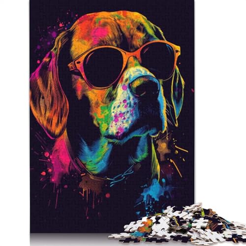 1000-teiliges Puzzle für Erwachsene, Neon-Beagle mit Sonnenbrille, Holzpuzzle für Erwachsene, Lernspiel, Herausforderungsspielzeug, 1000 Stück (75 x 50 cm) von LMYmoney