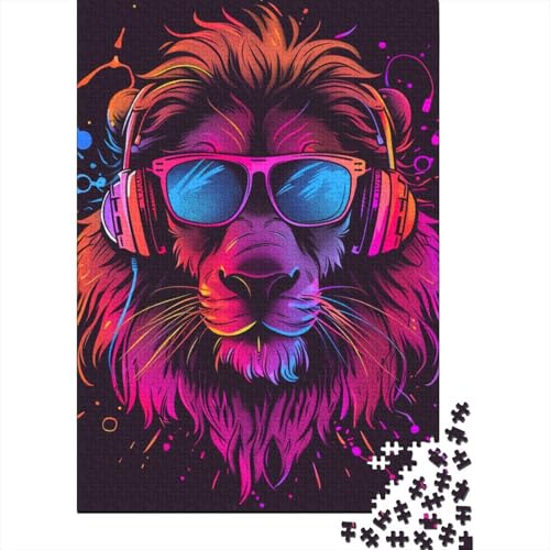 1000-teiliges Puzzle mit Löwe und Kopfhörern und Sonnenbrille für Erwachsene, Holzpuzzle für Teenager, Geschenke, einzigartige Heimdekoration und Geschenke (38 x 26 cm) von LMYmoney