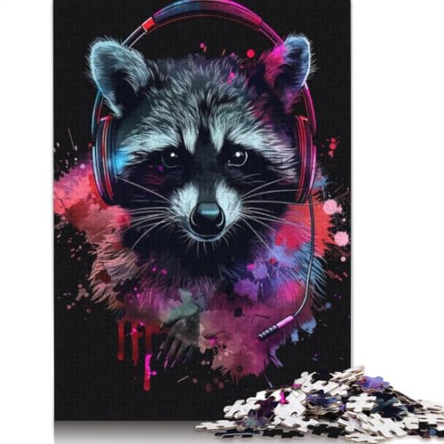1000-teiliges Puzzle mit Waschbären und Kopfhörern für Erwachsene, Puzzle, Lernspiel, Herausforderungsspielzeug, 1000 Stück (75 x 50 cm) von LMYmoney