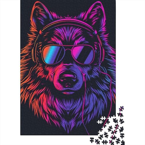 1000-teiliges Wolf-mit-Kopfhörer-Puzzle für Erwachsene, Holzpuzzle, Puzzle für Erwachsene, 1000 Teile (38 x 26 cm) von LMYmoney