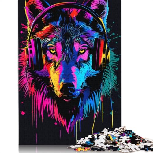 1000-teiliges Wolf-mit-Kopfhörer-Puzzle für Erwachsene und Jugendliche, Holzpuzzle, Lernspiel, Herausforderung, Spielzeug, Geburtstagsgeschenke, 1000 Stück (75 x 50 cm) von LMYmoney