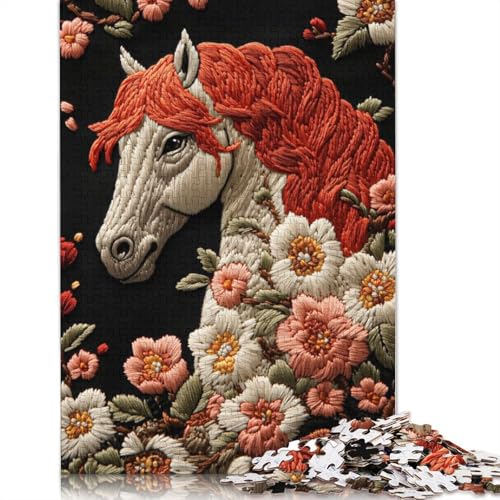 Besticktes Pferd mit Blumen, Puzzle-Spielzeug, Lernspiel, Premium-Puzzle aus Karton für Erwachsene und Kinder, Geschenk, 1000 Teile (26 x 38 cm) von LMYmoney