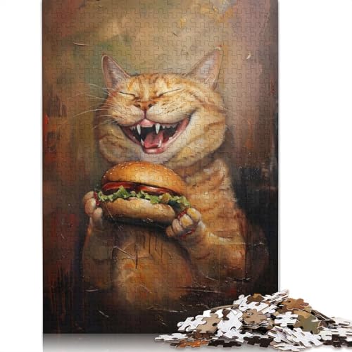 Böse Katze Hamburger Essen Puzzle Denksportaufgabe 100% Recyclingkarton Puzzle für Kinder und Erwachsene ab 12 Jahren Vatertagsgeschenk 1000 Teile (26 x 38 cm) von LMYmoney