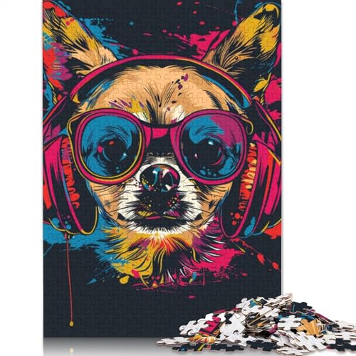 Chihuahua DJ Neon Holzpuzzle 1000 Teile Puzzle für Erwachsene Lernspiel Herausforderung Spielzeug 1000 Stück (75 x 50 cm) von LMYmoney