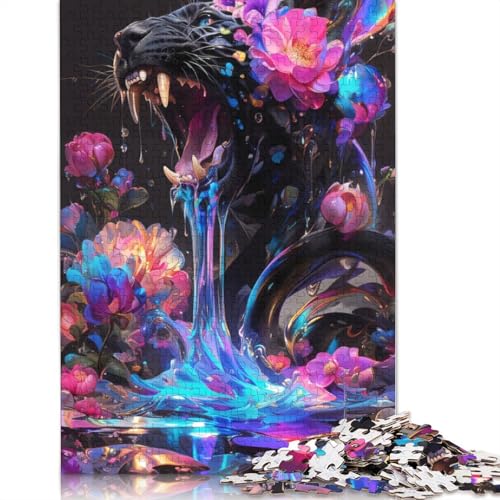 Floral Panther Fury Puzzle 1000 Teile für Erwachsene, Holzpuzzles, Gehirntraining, Herausforderungsspiel, Unterhaltungsgeschenke, Familienaktivität (38 x 26 cm) von LMYmoney