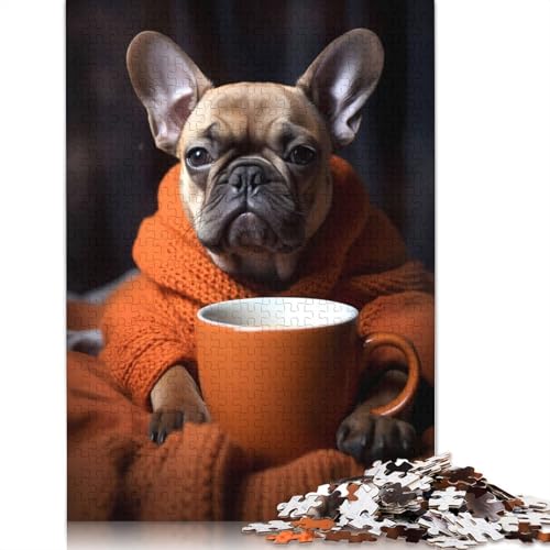 Französische Bulldogge, Kaffeehund-Puzzle, freundliche Materialien, 100 Prozent recycelte Pappe, Puzzle für Erwachsene und Kinder, Geschenk, 1000 Teile (26 x 38 cm) von LMYmoney