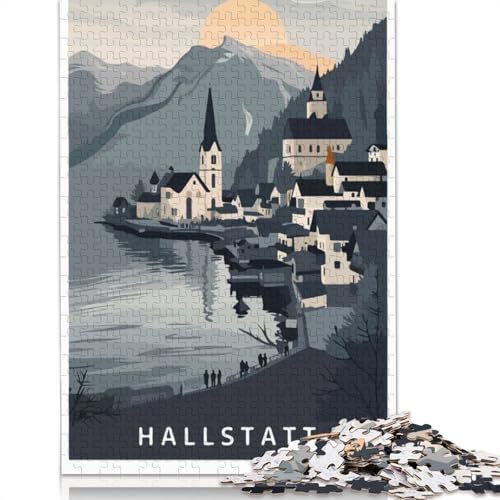 Hallstatt Village Illustration Puzzle 1000-teilige Schwer Puzzle Spielzeug Pädagogisches Spiel Impossible Herausforderung Spielzeug Für Erwachsene Und Kinder Ab 12 Jahren 1000pcs (38x26cm) von LMYmoney