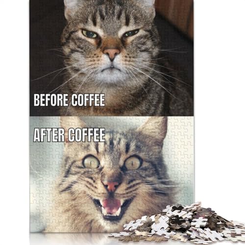 Kaffee-Katzen-Meme, lustiges Puzzle für Erwachsene, 1000 Teile, 100 Prozent recycelte Holzplatte, Denksportaufgaben für Erwachsene, für Jungen oder Mädchen, 1000 Teile (75 x 50 cm) von LMYmoney