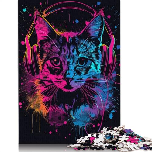 Katze mit Kopfhörern und Sonnenbrille, 1000-teiliges Puzzle für Teenager, Geschenke, Holzpuzzle, Puzzle für Erwachsene, Lernspiele für Zuhause, DIY-Spielzeug, 1000 Teile (75 x 50 cm) von LMYmoney