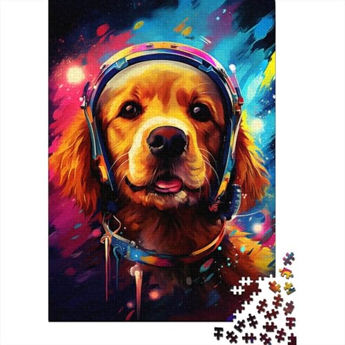 Künstlerisches Astronauten-Puzzle mit Golden Retriever, rechteckig, aus 100% recyceltem Karton, für Erwachsene und Kinder, (38 x 26 cm) von LMYmoney