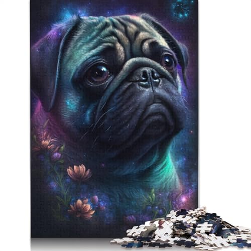 Mops mit Blumen-Puzzle, Familienspaß, rechteckiges Papierpuzzle für Kinder und Erwachsene ab 12 Jahren, Geburtstagsgeschenk, 1000 Teile (75 x 50 cm) von LMYmoney
