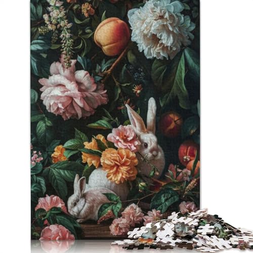 Niedliches Kaninchen-Puzzle mit Blumenmotiv für Erwachsene, kreative Spiele, Puzzle-Geschenk für Jungen oder Mädchen, 520 Teile (52 x 38 cm) von LMYmoney