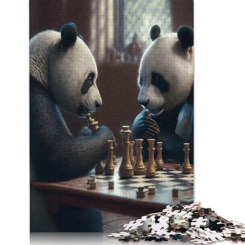 Pandabären Spielen Schach, Puzzle, Denksportaufgabe, rechteckiges Papierpuzzle für Erwachsene und Teenager, 1000 Teile (26 x 38 cm) von LMYmoney