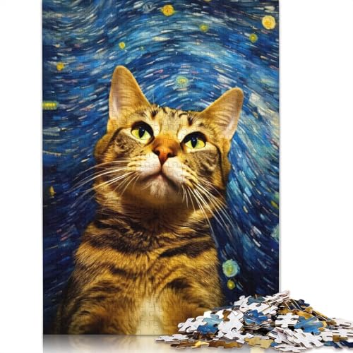 Puzzle für Erwachsene mit Katzen-Sternennacht-Gemälde, 1000 Teile, 100 Prozent recycelte Holzplatte, Denkpuzzle für Erwachsene, für Jungen oder Mädchen, 1000 Teile (75 x 50 cm) von LMYmoney
