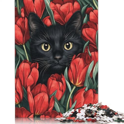 Schwarze Katze in Tulpen, Puzzle für Erwachsene, Spielzeug, Lernspiel, schwierige Puzzles für Kinder ab 12 Jahren, 1000 Teile (75 x 50 cm) von LMYmoney