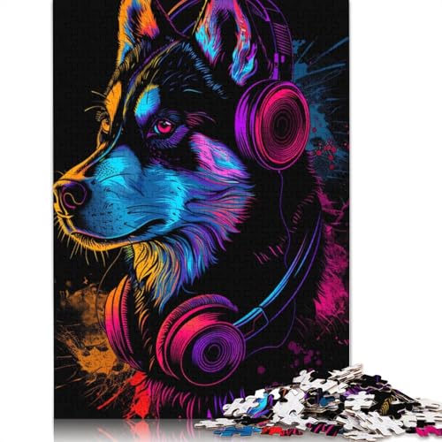 Siberian Husky mit Kopfhörern, Puzzle 1000 Teile, Holzpuzzle für Erwachsene und Teenager, Familienspiel, 1000 Teile (75 x 50 cm) von LMYmoney