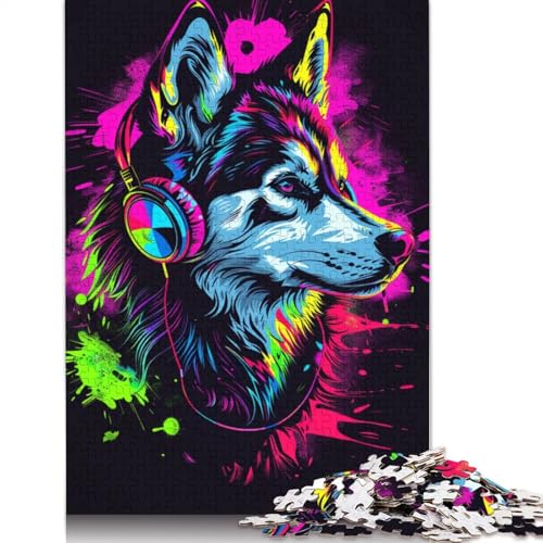 Sibirischer Husky mit Kopfhörer-Puzzle, 100% recycelter Karton, Premium-Karton, Puzzle für Erwachsene und Kinder, 1000 Teile (75 x 50 cm) von LMYmoney