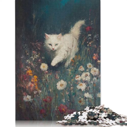 Weiße Katze auf Blumenfeld, Puzzle für Erwachsene, Spielzeug, Lernspiel, schwierige Puzzles für Kinder ab 12 Jahren, 1500 Teile (85 x 57 cm) von LMYmoney