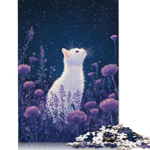 Weiße Katze unter Sternenhimmel, Puzzle für Erwachsene, 520 Teile, lustiges Denksport-Puzzle für Kinder ab 12 Jahren, 520 Teile (52 x 38 cm) von LMYmoney