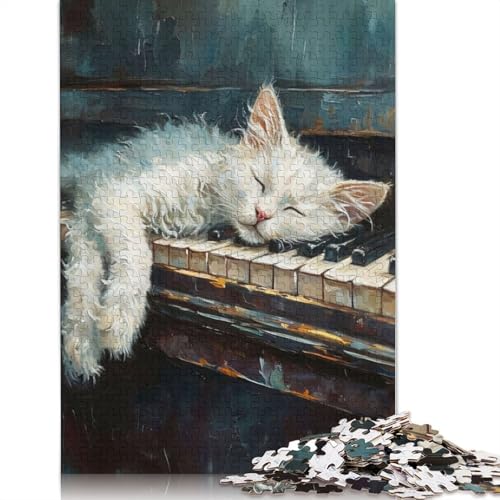 White Cat Sleep On Piano Puzzle 1000-teilige Schwer Puzzle Spielzeug Pädagogisches Spiel Impossible Herausforderung Spielzeug Für Erwachsene Und Kinder Ab 14 Jahren 1000pcs (75x50cm) von LMYmoney