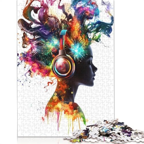 Woman with Headphones and Colorful Splashes Puzzles 1000 Teile Schwer Puzzle Spielzeug Lernspiel Impossible Herausforderungsspielzeug Für Erwachsene Und Kinder in Bewährter 1000pcs (40x28cm) von LMYmoney