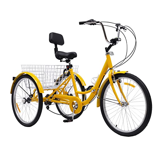 Dreirad Für Erwachsene 24 Zoll 3 Räder 7 Gang für Städte Strände Fahrradwege und Verschiedene Straßen Geeignet (Gelb) von LNINNERY