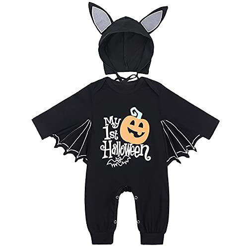 LNL Baby Halloween Kostüm Fledermaus mit Big Ear Hut Meine ersten Halloween Outfits Unisex Baby Strampler 2 Stück 18-24 Monate Schwarz von LNL