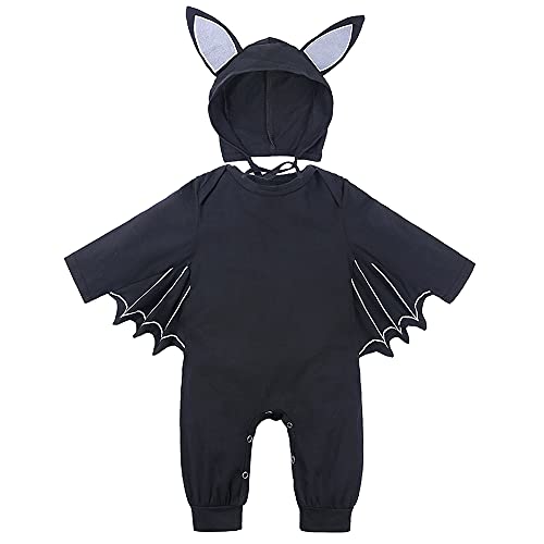 LNL Baby Halloween Kostüm Fledermaus mit Big Ear Hut Meine ersten Halloween Outfits Unisex Baby Strampler 2 Stück 3-6 Monate Schwarz von LNL