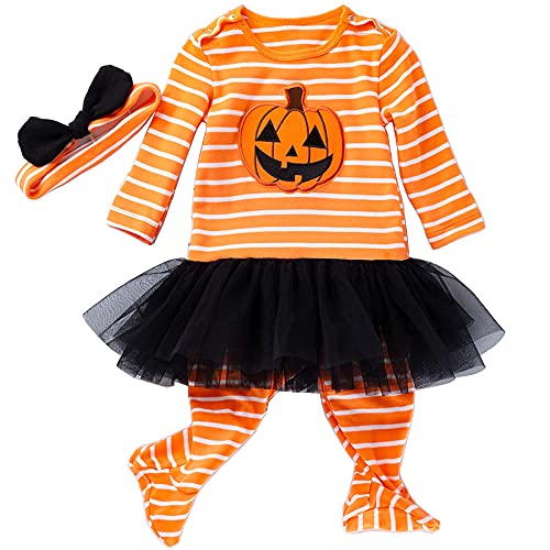 LNL Halloween Kostüm Baby Mädchen Mein erstes Halloween Skelett Outfits Kürbis Strampler Langarm Tutu Rock Stirnband 0-3 Monate von LNL