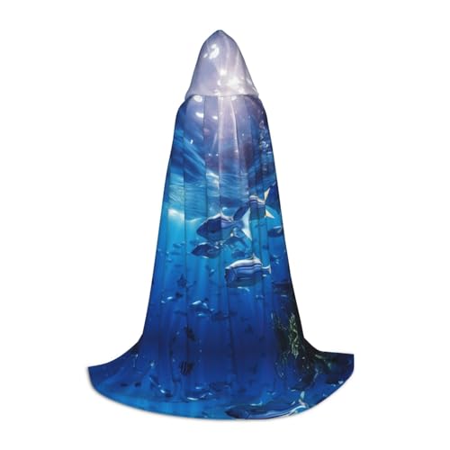 LNNIUK Blue Ocean Unterwasserfisch1 Druck Mittelalter Kapuzenumhang Halloween Renaissance Kostüm Wikinger Stil Ranger Uni Umhang von LNNIUK