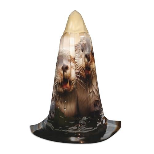 LNNIUK Mittelalterlicher Kapuzenumhang mit süßem Otter-Druck, Halloween, Renaissance-Kostüm, Wikinger-Stil, Rangerumhang, Uni von LNNIUK