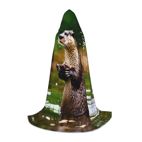 LNNIUK Mittelalterlicher Kapuzenumhang mit süßem braunem Ottermotiv, Halloween-Renaissance-Kostüm, Wikinger-Stil, Rangerumhang von LNNIUK