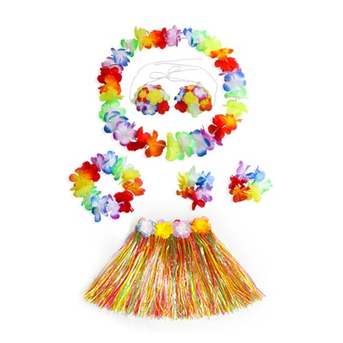 Hawaii Hula Set 40 cm, 5 Stück/6 Stück, hawaiianischer Hula-Gras-Tanzrock mit Leis-Kostüm, elastisches Gras, hawaiianische Blumenarmbänder, Stirnband und Halskette ( Color : Multicolor , Size : 40cm 6 von LNNXSZ