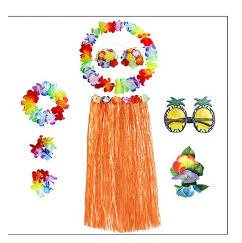 LNNXSZ Hawaii Hula Set 1 Set Kunststofffasern Mädchen Frau Hawaiian Gras Rock Kostüm Blume Hula-Rock 60 cm/80 cm Tanzkleid Party Hawaii Strand (Color : A-orange set, Size : 80cm) von LNNXSZ