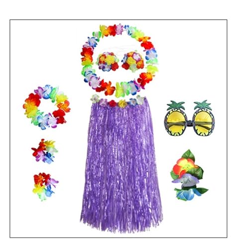 LNNXSZ Hawaii Hula Set 1 Set Kunststofffasern Mädchen Frau Hawaiian Gras Rock Kostüm Blume Hula-Rock 60 cm/80 cm Tanzkleid Party Hawaii Strand (Color : A-purple, Size : 60cm) von LNNXSZ