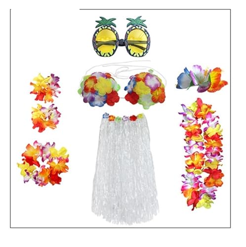 LNNXSZ Hawaii Hula Set 1 Set Kunststofffasern Mädchen Frau Hawaiian Gras Rock Kostüm Blume Hula-Rock 60 cm/80 cm Tanzkleid Party Hawaii Strand (Color : B- White Set, Size : 60cm) von LNNXSZ