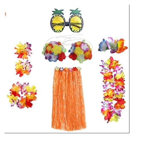 LNNXSZ Hawaii Hula Set 1 Set Kunststofffasern Mädchen Frau Hawaiian Gras Rock Kostüm Blume Hula-Rock 60 cm/80 cm Tanzkleid Party Hawaii Strand (Color : B-orange set, Size : 60cm) von LNNXSZ