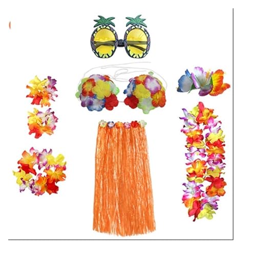LNNXSZ Hawaii Hula Set 1 Set Kunststofffasern Mädchen Frau Hawaiian Gras Rock Kostüm Blume Hula-Rock 60 cm/80 cm Tanzkleid Party Hawaii Strand (Color : B-orange set, Size : 80cm) von LNNXSZ