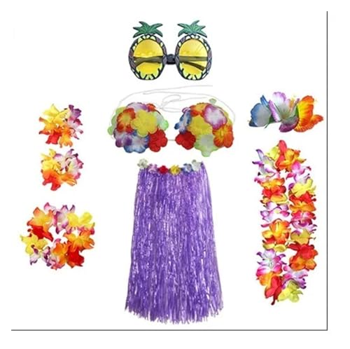 LNNXSZ Hawaii Hula Set 1 Set Kunststofffasern Mädchen Frau Hawaiian Gras Rock Kostüm Blume Hula-Rock 60 cm/80 cm Tanzkleid Party Hawaii Strand (Color : B-purple10, Size : 80cm) von LNNXSZ