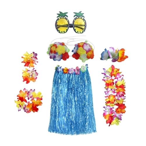 LNNXSZ Hawaii Hula Set 1 Set Kunststofffasern Mädchen Frau Hawaiian Gras Rock Kostüm Blume Hula-Rock 60 cm/80 cm Tanzkleid Party Hawaii Strand (Color : B1-8pcs 1 set, Size : 80cm) von LNNXSZ
