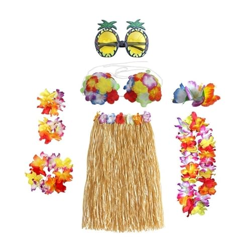 LNNXSZ Hawaii Hula Set 1 Set Kunststofffasern Mädchen Frau Hawaiian Gras Rock Kostüm Blume Hula-Rock 60 cm/80 cm Tanzkleid Party Hawaii Strand (Color : B4-8pcs 1 set, Size : 60cm) von LNNXSZ