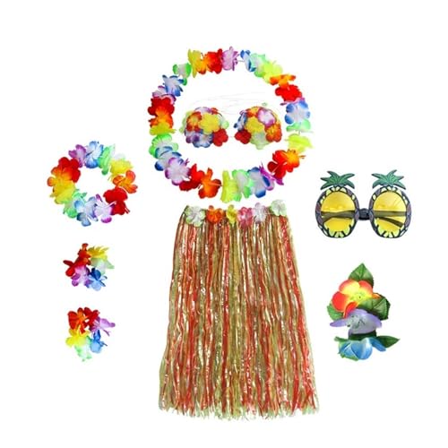 LNNXSZ Hawaii Hula Set 8 Teile/satz Kunststoff Fasern mädchen Frau Hawaiian Rock Gras Kostüm Blume Rock Sonnenbrille Hula-tanz kleid Party Hawaii Strand (Color : A-Multicolor, Size : 60cm) von LNNXSZ