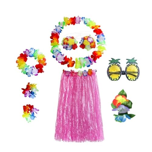 LNNXSZ Hawaii Hula Set 8 Teile/satz Kunststoff Fasern mädchen Frau Hawaiian Rock Gras Kostüm Blume Rock Sonnenbrille Hula-tanz kleid Party Hawaii Strand (Color : A-Pnk colour, Size : 60cm) von LNNXSZ