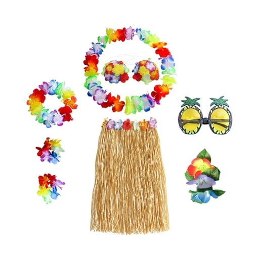 LNNXSZ Hawaii Hula Set 8 Teile/satz Kunststoff Fasern mädchen Frau Hawaiian Rock Gras Kostüm Blume Rock Sonnenbrille Hula-tanz kleid Party Hawaii Strand (Color : A-Straw color, Size : 60cm) von LNNXSZ