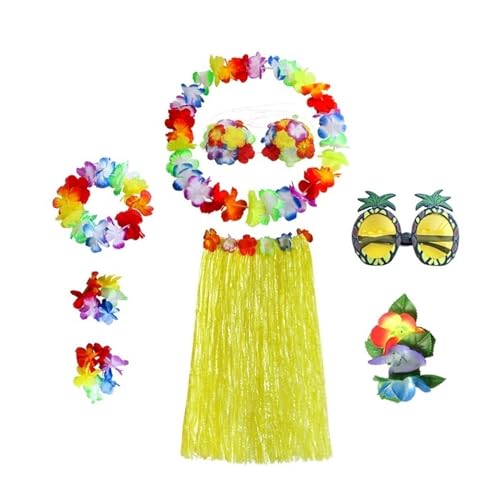 LNNXSZ Hawaii Hula Set 8 Teile/satz Kunststoff Fasern mädchen Frau Hawaiian Rock Gras Kostüm Blume Rock Sonnenbrille Hula-tanz kleid Party Hawaii Strand (Color : A-Yellow, Size : 80cm) von LNNXSZ
