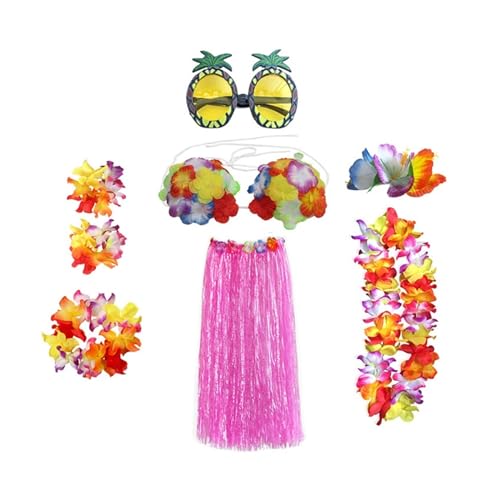 LNNXSZ Hawaii Hula Set 8 Teile/satz Kunststoff Fasern mädchen Frau Hawaiian Rock Gras Kostüm Blume Rock Sonnenbrille Hula-tanz kleid Party Hawaii Strand (Color : B-Pnk colour, Size : 60cm) von LNNXSZ
