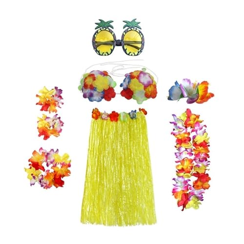 LNNXSZ Hawaii Hula Set 8 Teile/satz Kunststoff Fasern mädchen Frau Hawaiian Rock Gras Kostüm Blume Rock Sonnenbrille Hula-tanz kleid Party Hawaii Strand (Color : B-yellow, Size : 60cm) von LNNXSZ