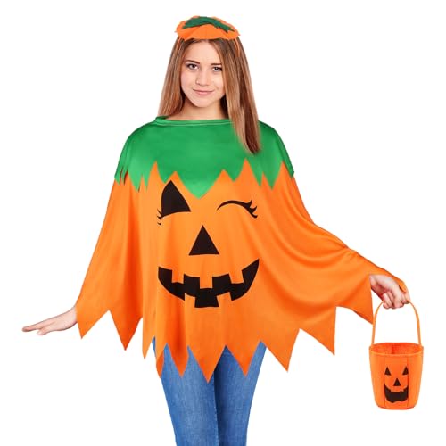 LOAVER Halloween-Kürbis-Kostüm für Damen und Erwachsene, Kürbis-Poncho mit Stirnband und Süßigkeitenbeutel für Halloween-Kostüm, Süßes oder Saures, Cosplay-Party-Zubehör, 3 Stück von LOAVER